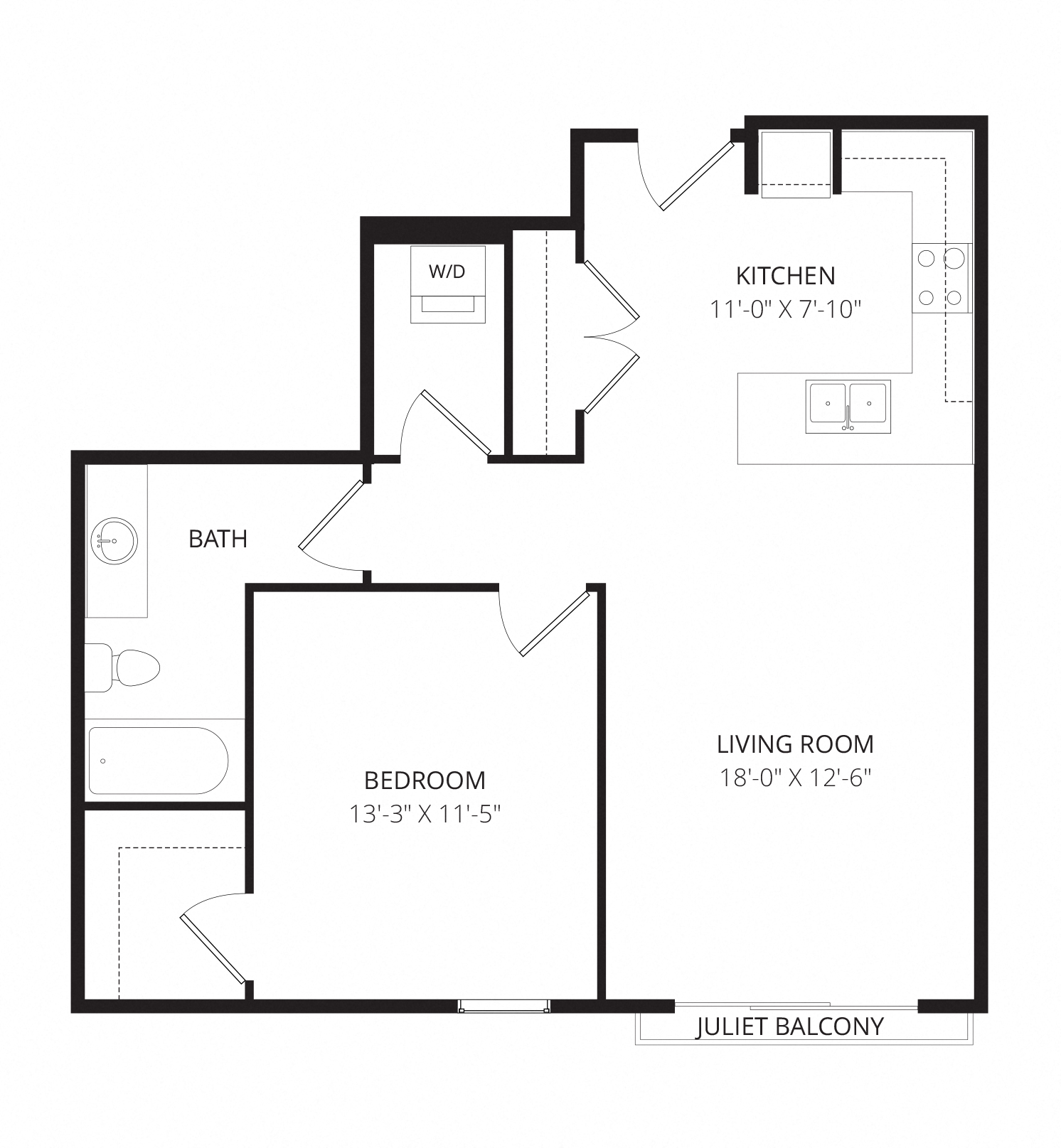 Floor plan for 1 bed, 1 bath, 755 sqft
